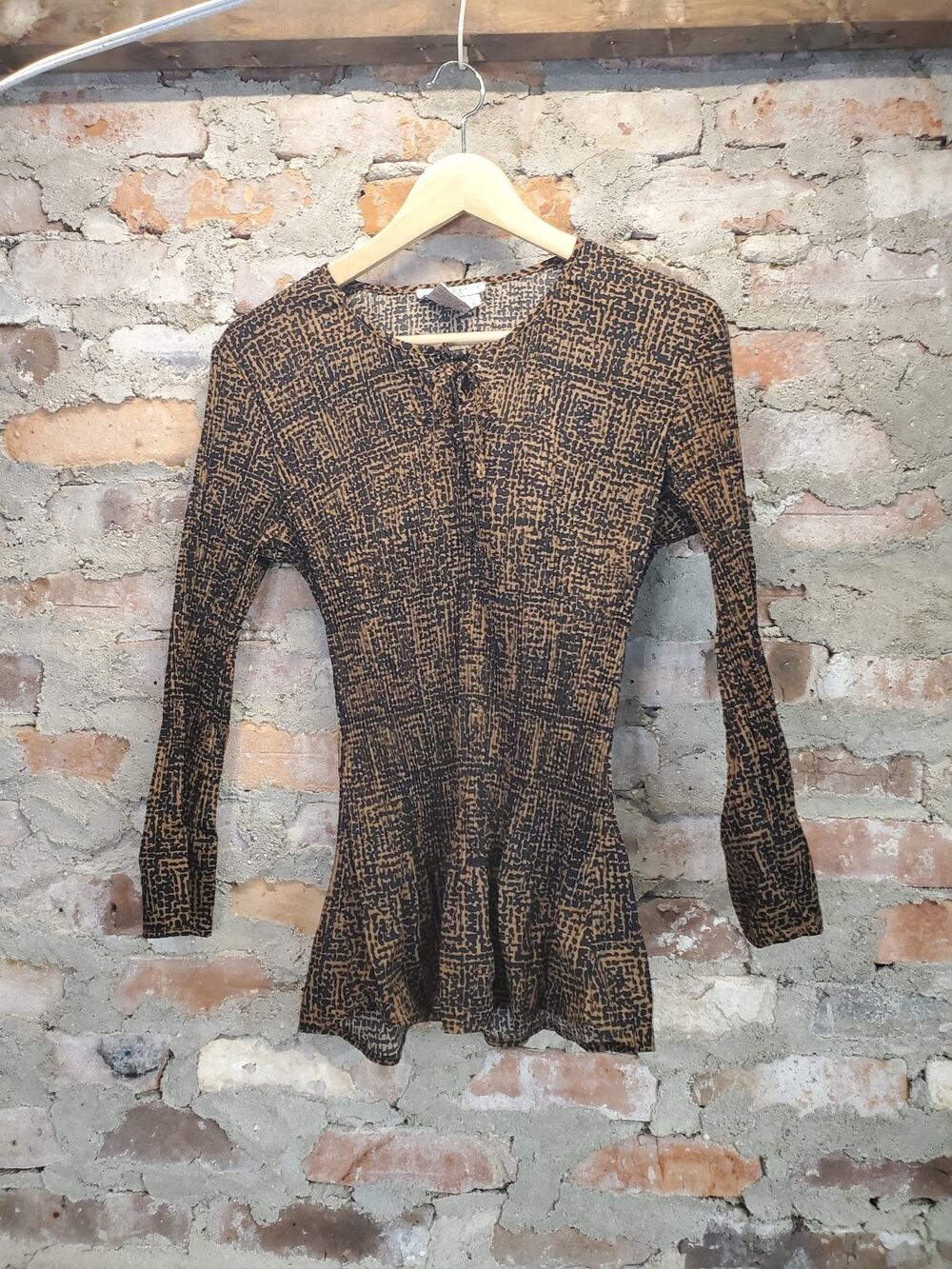 Fred David Stretch Womens Long Sleeve Blouse L Brown Black Print Polyester